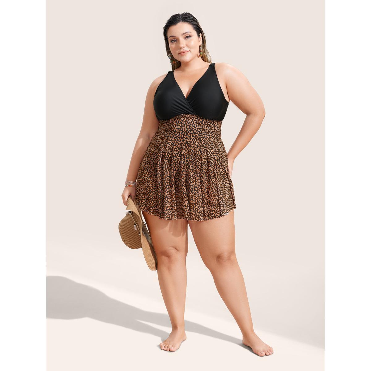 Plus Size V Neck Leopard Print Patchwork Swim Dress Women's Swimwear Black Beach Bodycon Overlap Collar High stretch Curve Swim Dresses BloomChic 12/L Product Image