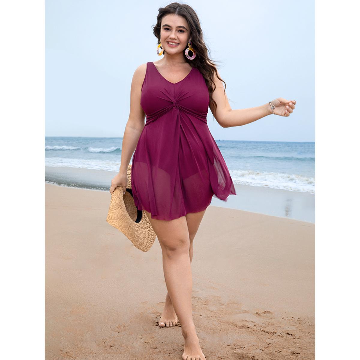 Plus Size Adjustable Straps Mesh Flutter Hem Twist Swim Dress Women's Swimwear RedViolet Vacation Bodycon V-neck High stretch Curve Swim Dresses BloomChic 10/M Product Image