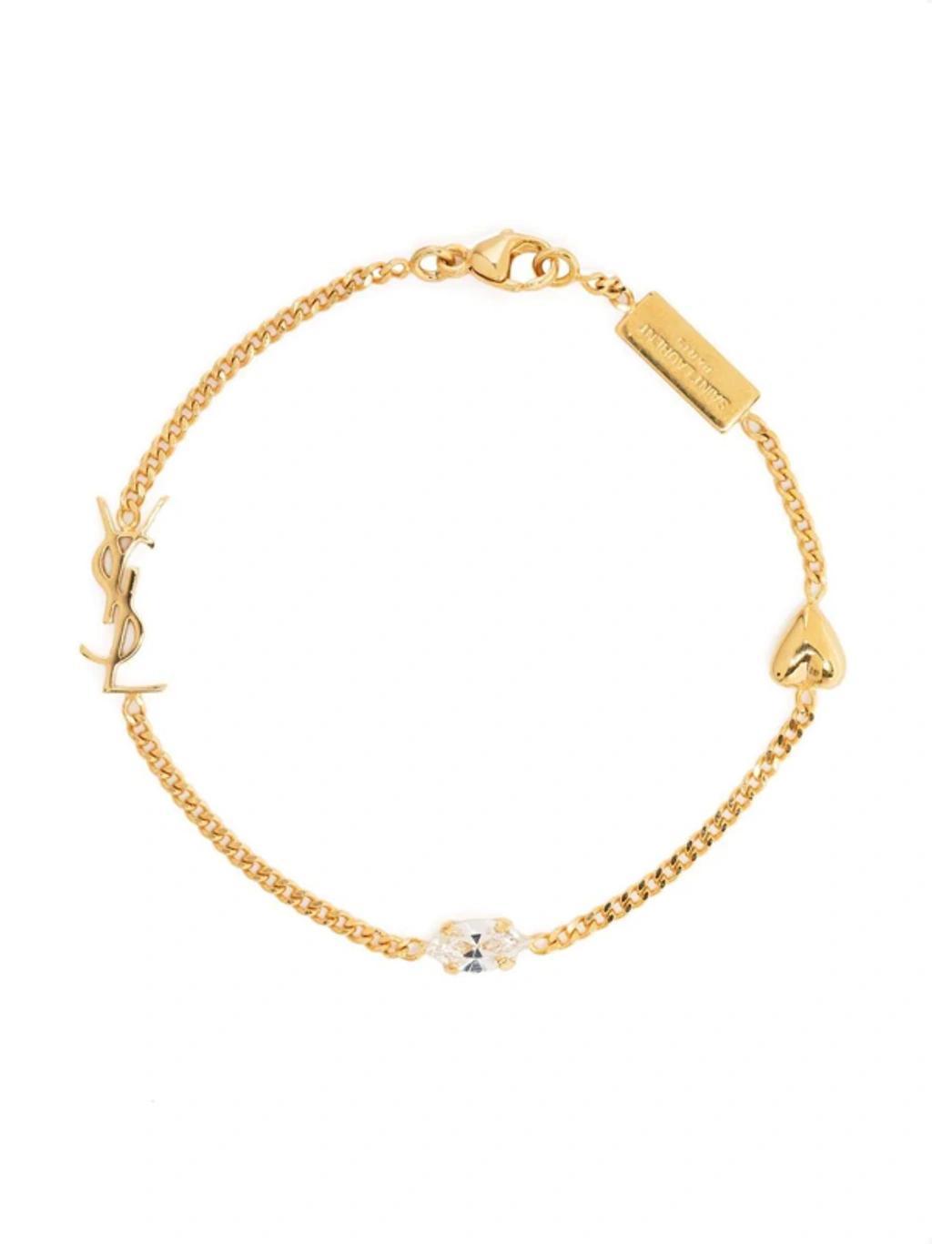 SAINT LAURENT Metal And Rhinestone Cassandre Heart Charm Bracelet Accessories In Grey Product Image