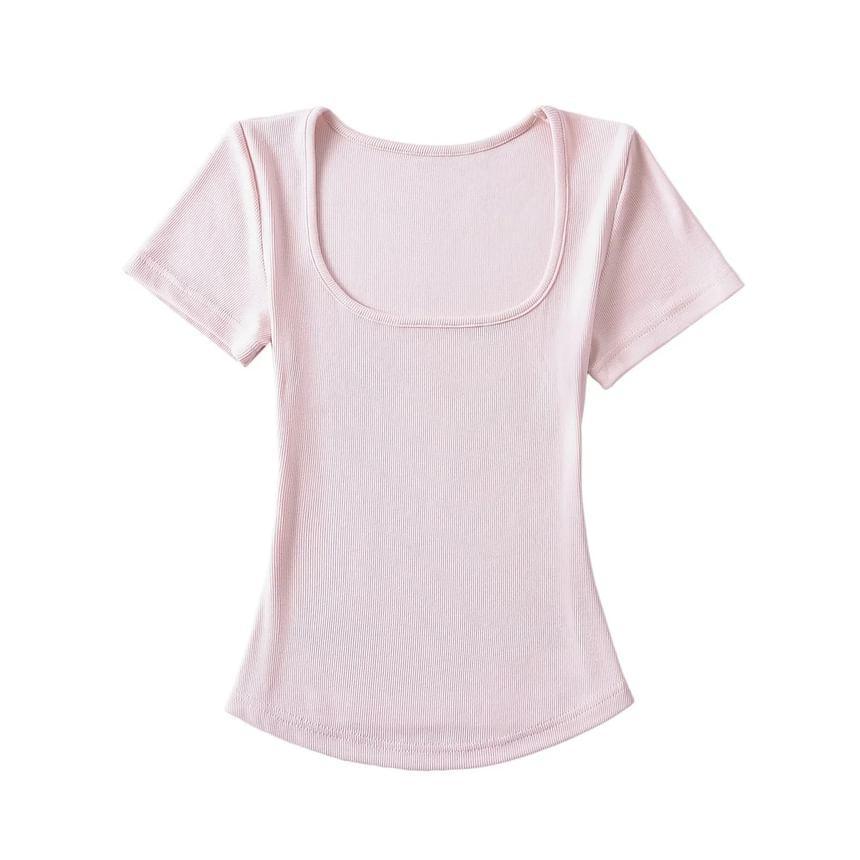 Short Sleeve Square-Neck Plain Slim-Fit Crop Top Product Image