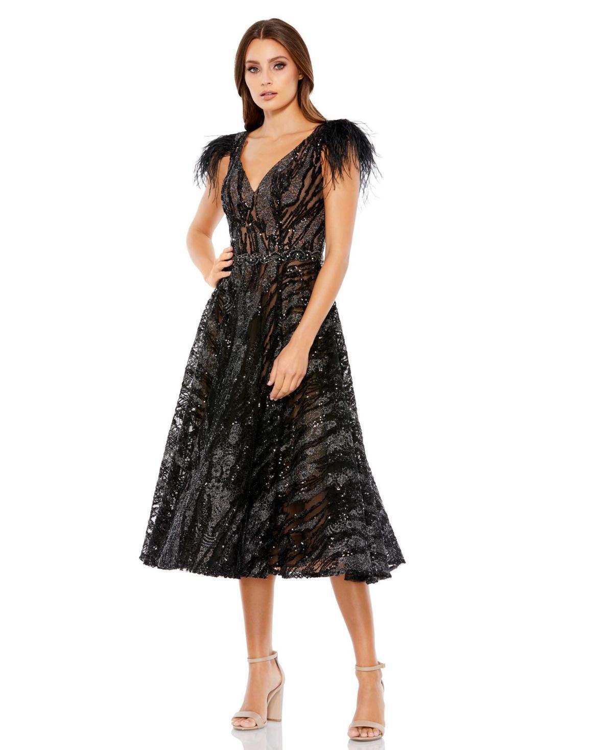 Mac Duggal Embellished Feather Sleeve A Line Dress Product Image