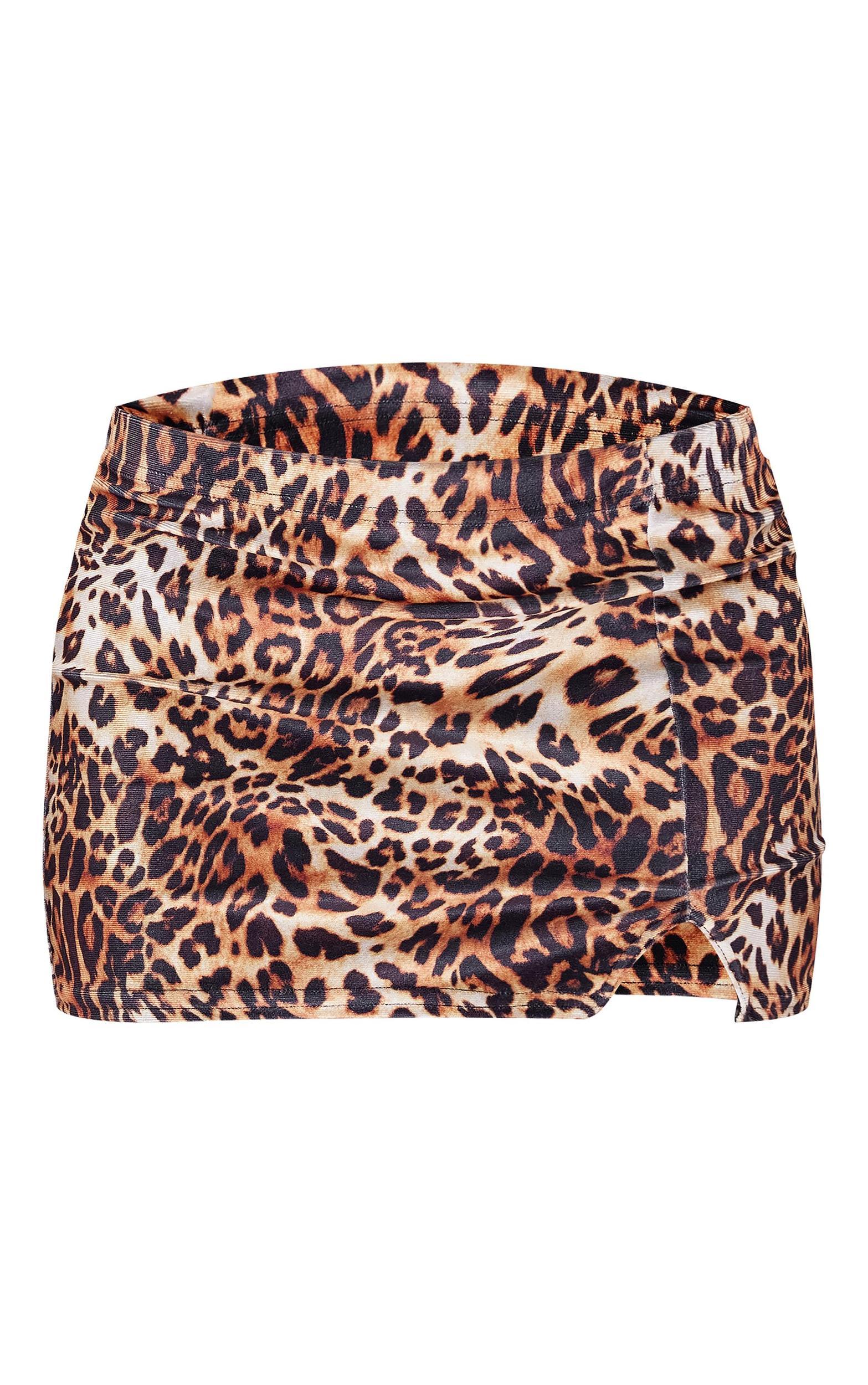 Leopard Printed Velvet Split Detail Mini Skirt Product Image