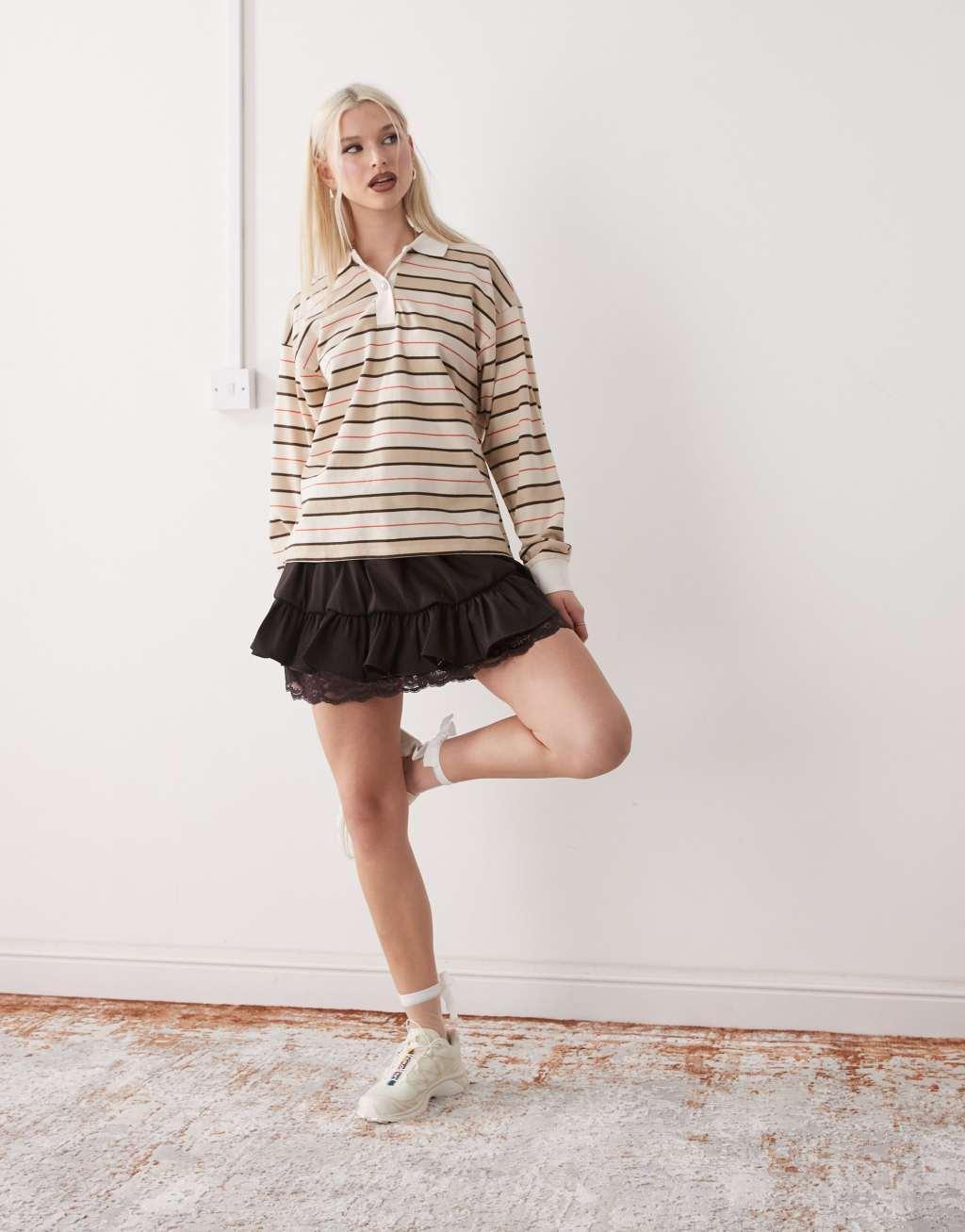 Monki long sleeve rugby polo top in beige stripe Product Image