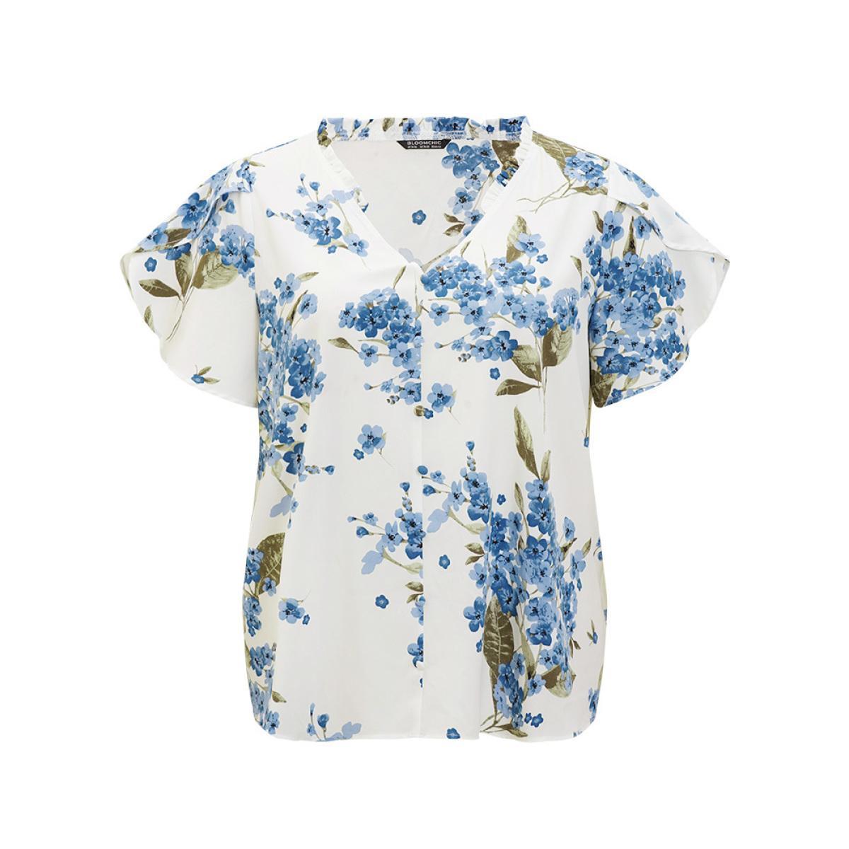 Plus Size White Floral Frill Trim Petal Sleeve Blouse Women Elegant Short sleeve V-neck Dailywear Blouses BloomChic 22-24/3X Product Image