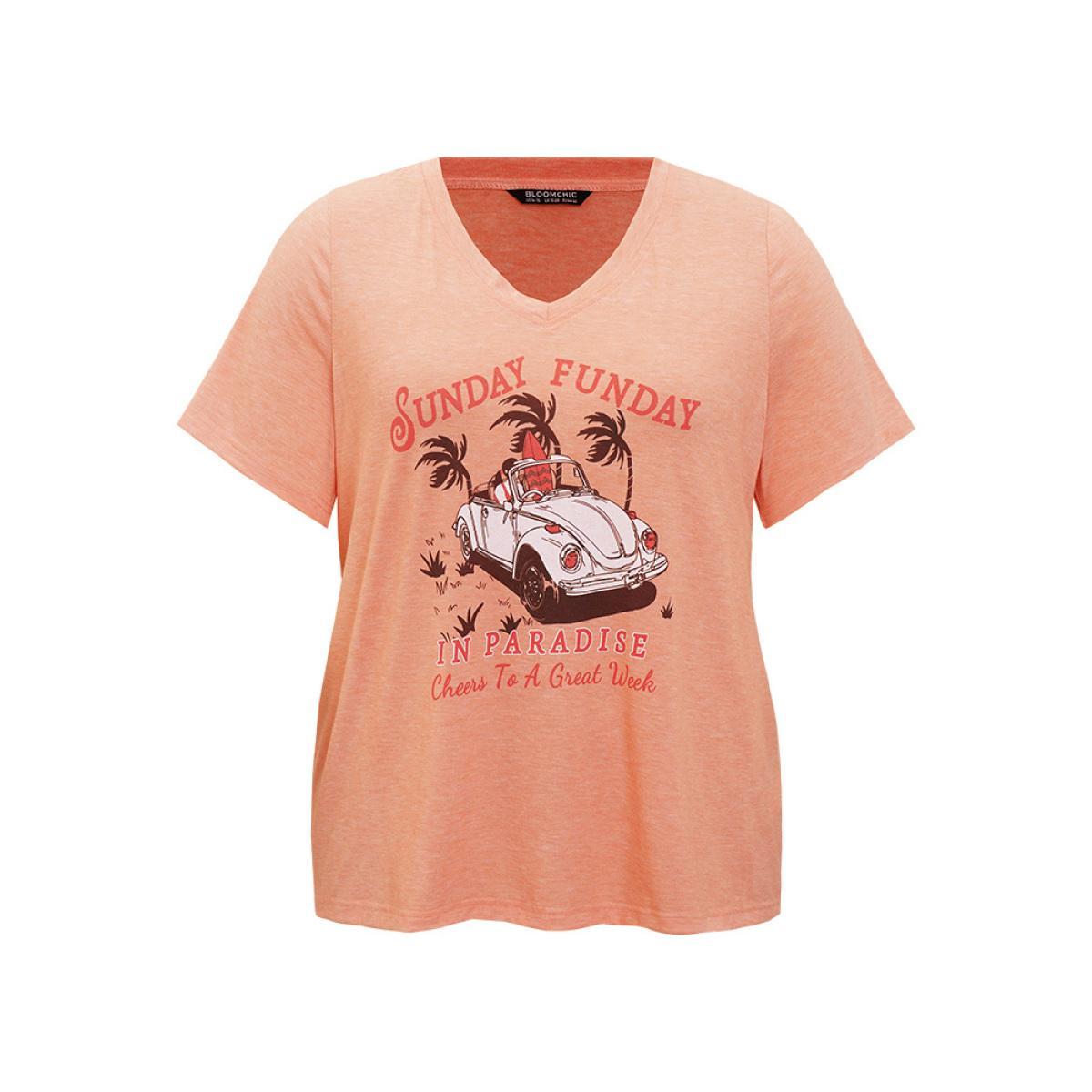 Plus Size Car & Letter Print V Neck Drop Shoulder T-shirt Coral Women Casual Tropical Dailywear T-shirts BloomChic 18-20/2X Product Image