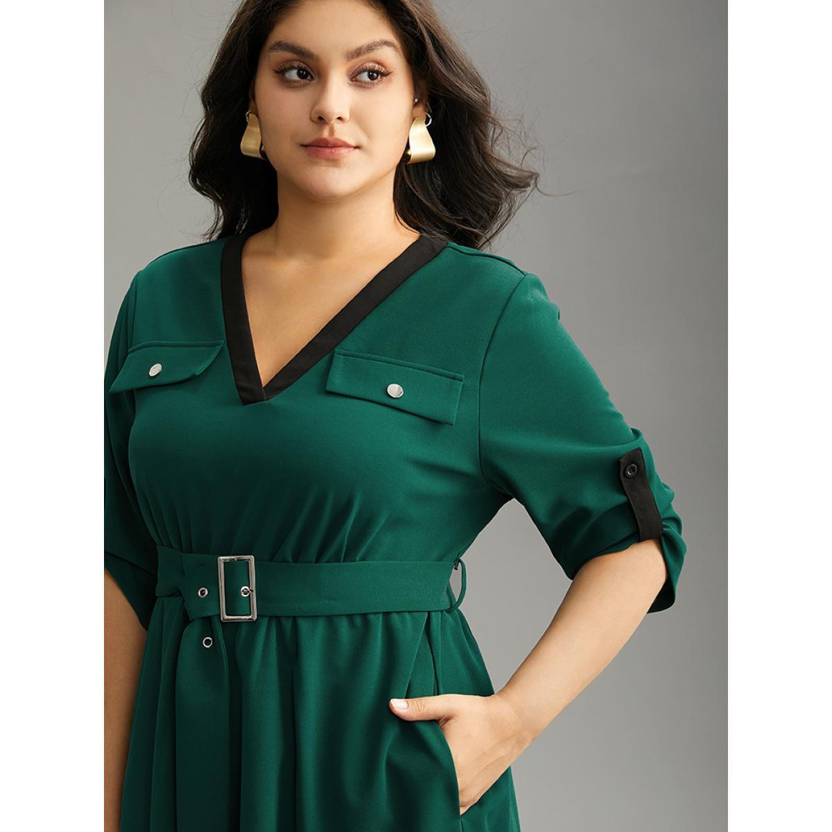 Plus Size Solid Contrast Trim Belted Flap Detail Dress Emerald Women Office Gathered V-neck Elbow-length sleeve Curvy Midi Dress BloomChic 18-20/2X Product Image