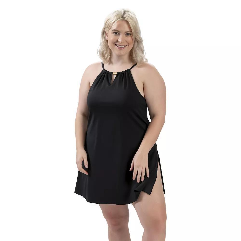 Women's Dolfin Aquashape UPF 50+ Solid A-Line One-Piece Swim Dress, Size: 14, Black Product Image