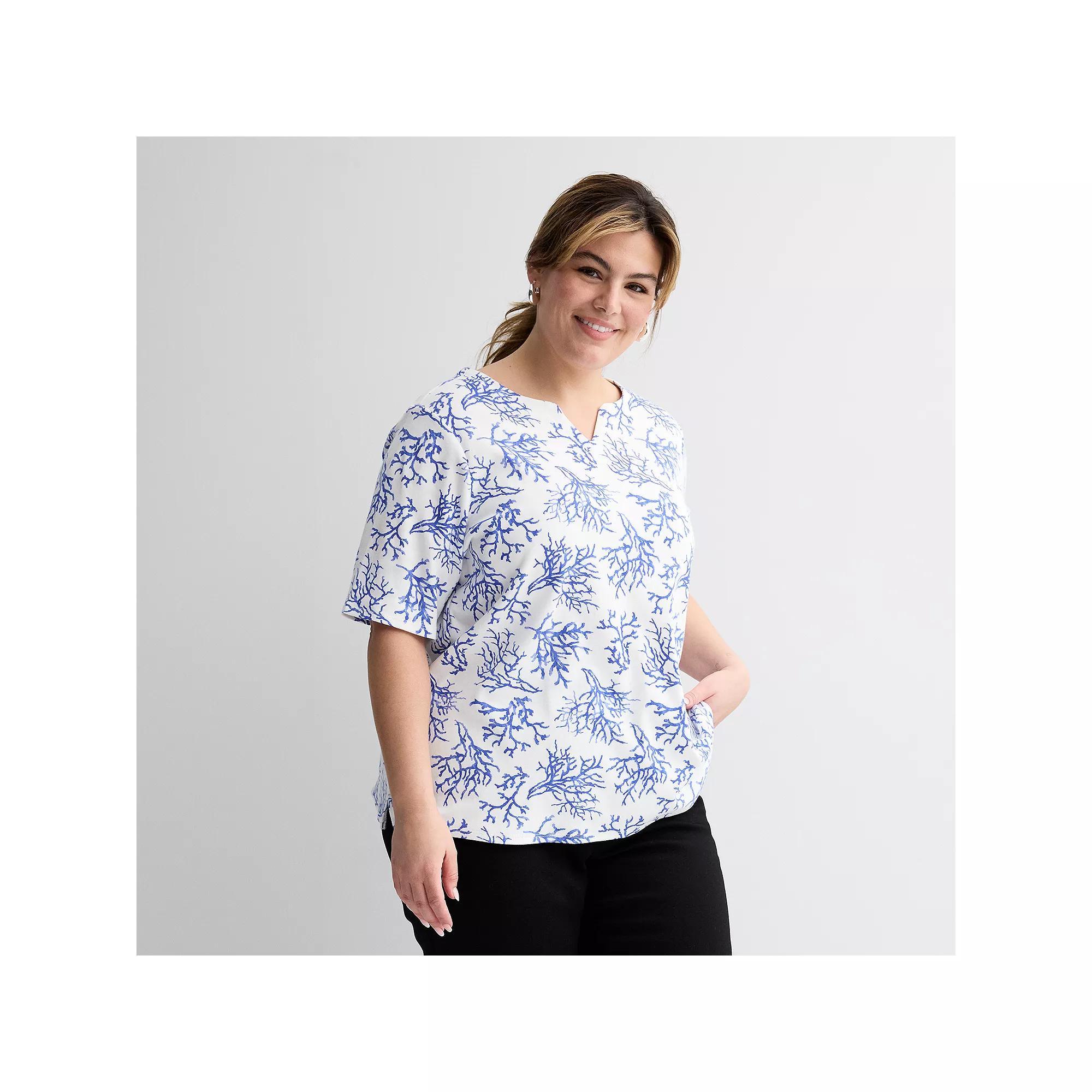 Plus Size Croft & Barrow® Elbow Sleeve Split Neck Top, Women's, Size: 1XL, Blue  Pink Product Image