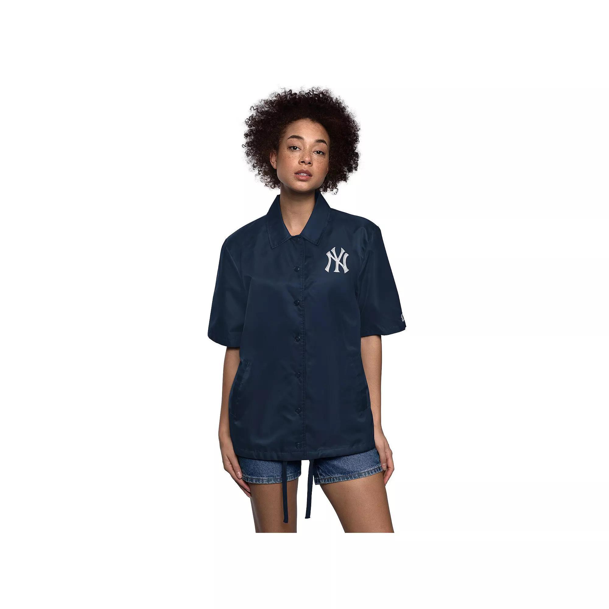 Women's Starter Navy New York Yankees High Post Short Sleeve Full-Snap Coaches Jacket, Size: Medium, Blue Product Image