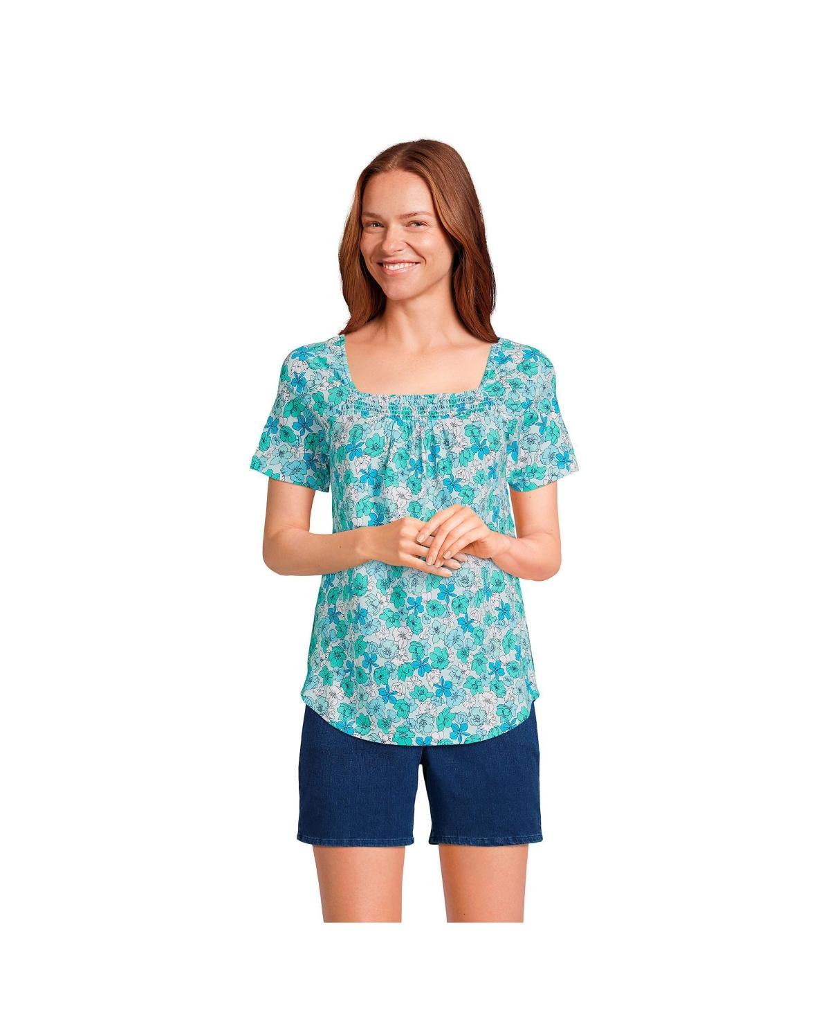 Women's Lands' End Smocked Square Neck Tee, Size: Medium, Blue Small Floral Product Image