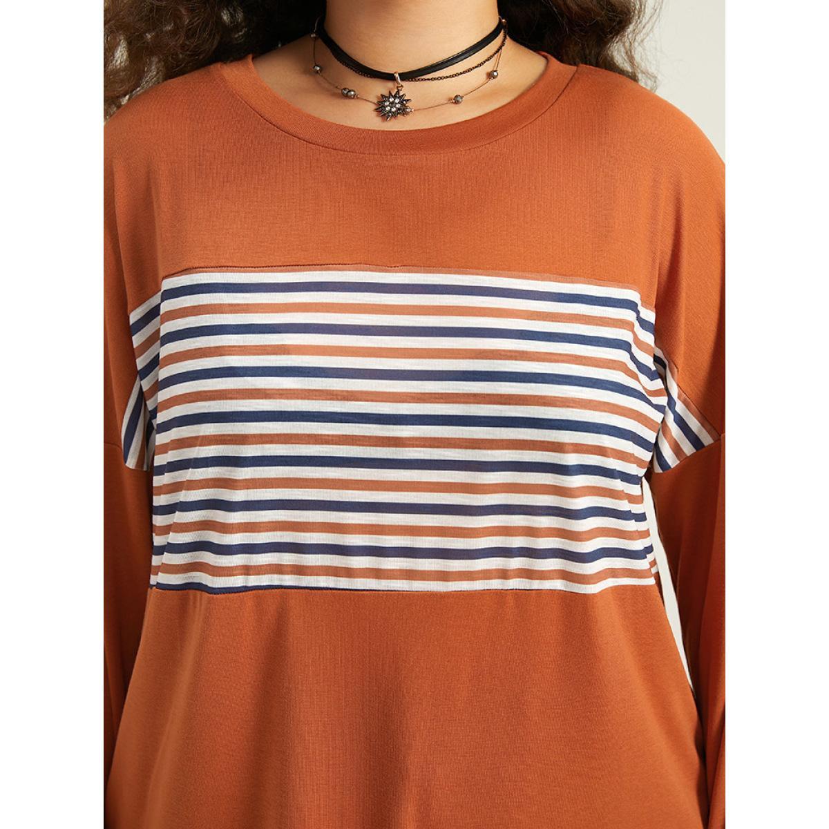 Plus Size Halloween Striped Patchwork Round Neck Drop Shoulder T-shirt Chocolate Women Casual Contrast Striped Round Neck Festival-Halloween T-shirts BloomChic 10/M Product Image