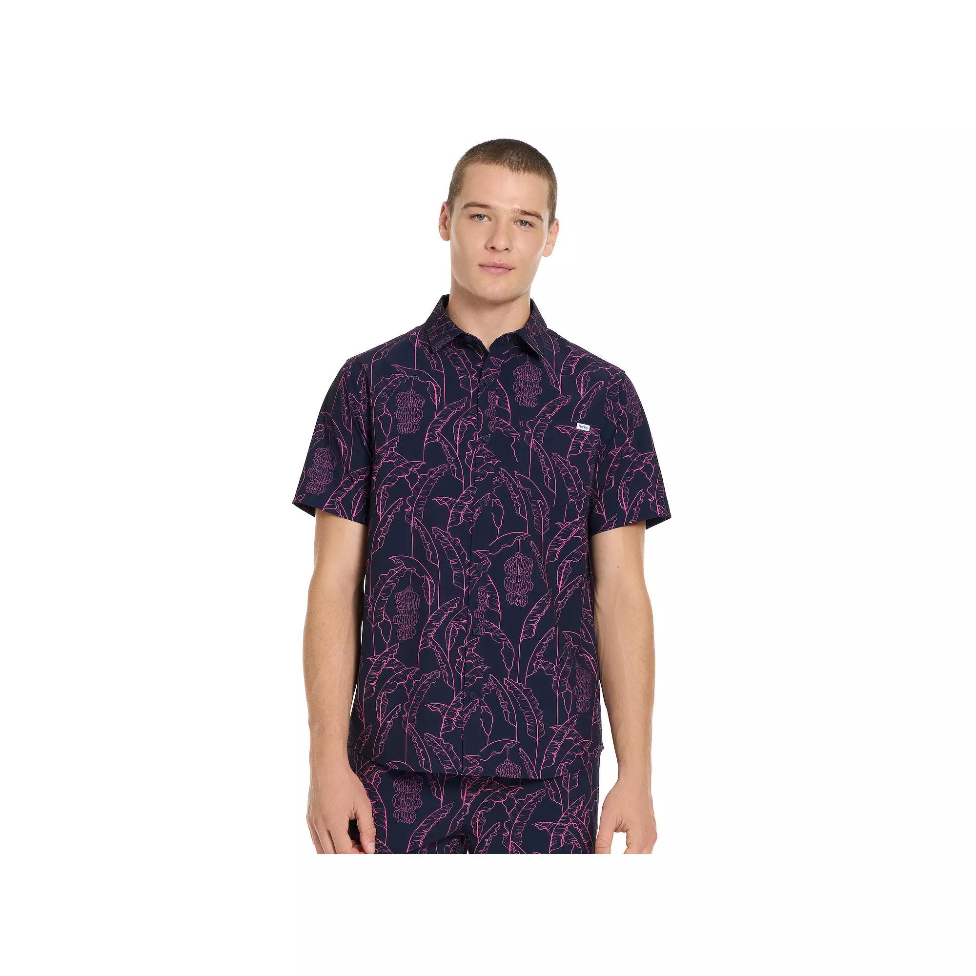 Men's Hurley Bahia Printed Stretch Short Sleeve Button-Down Shirt, Size: XL, Obsidian Product Image