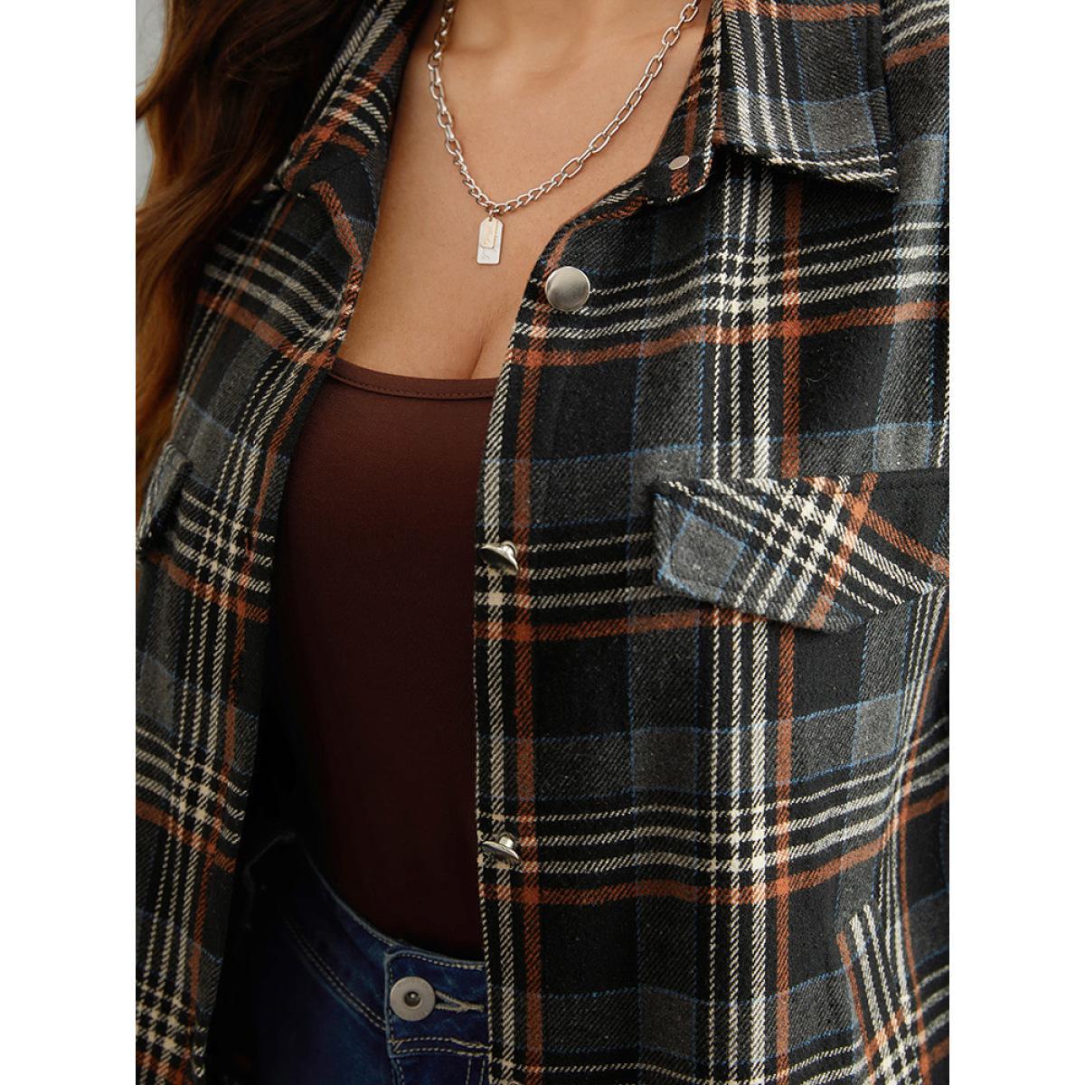 Plus Size Plaid Button Fly Flap Pocket Shacket Women Black Contrast Pocket Dailywear Jackets BloomChic 12/L Product Image