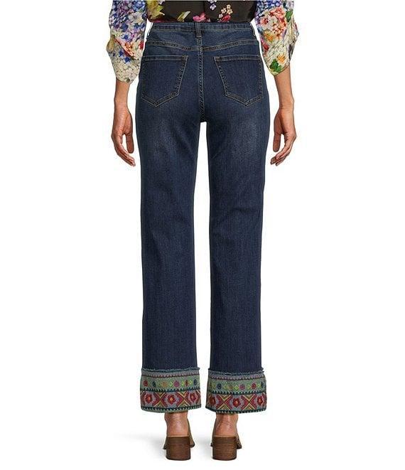 John Mark Embroidered Hem Straight Leg Cuffed Jeans Product Image
