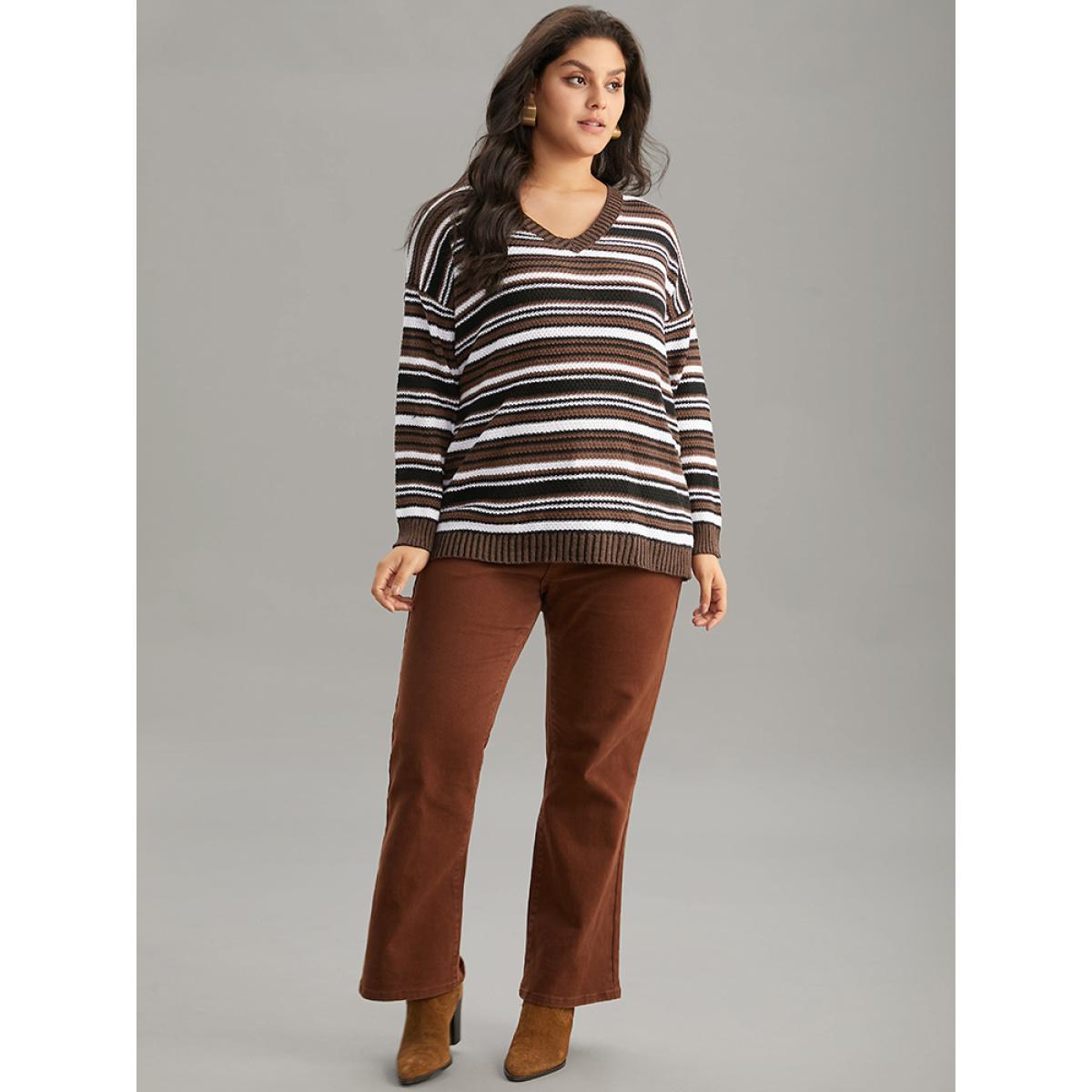 Plus Size Striped Contrast Crew Neck Drop Shoulder Pullover DarkBrown Women Casual Loose Long Sleeve V-neck Everyday Pullovers BloomChic 12/L Product Image