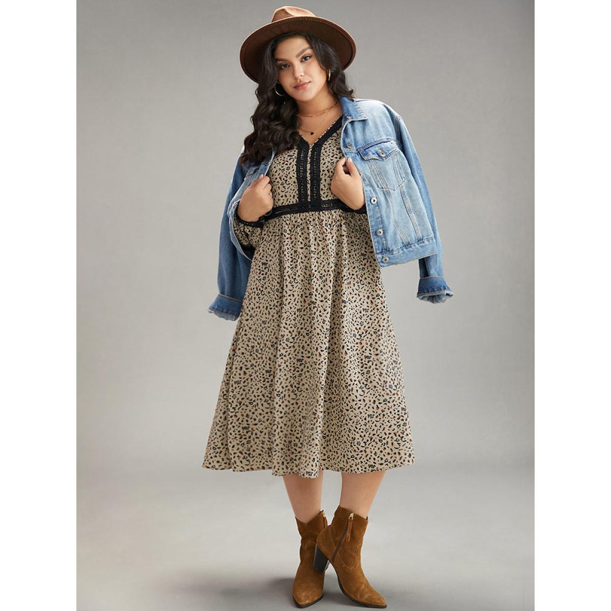 Plus Size Leopard Pocket Guipure Lace Lantern Sleeve Dress Stone Women Vacation Elastic cuffs V-neck Long Sleeve Curvy Midi Dress BloomChic 28/5X Product Image