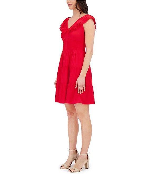 Kensie Short Flutter Sleeve V-Neck Tiered Fit and Flare Dress Product Image