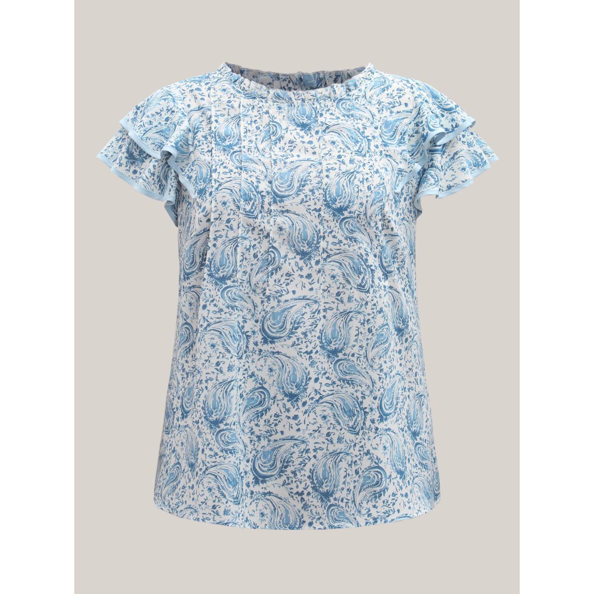 Plus Size LightBlue Paisley Print Ruffled Layered Sleeve Blouse Women Cap Sleeve Round Neck Vacation Blouses BloomChic 18-20/2X Product Image