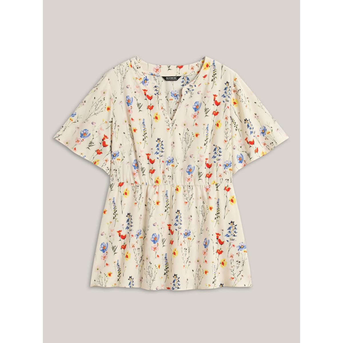Plus Size Beige Branch Floral Print Notched Collar Blouse Women Short sleeve Notched collar Everyday-Elegant Blouses BloomChic 18-20/2X Product Image