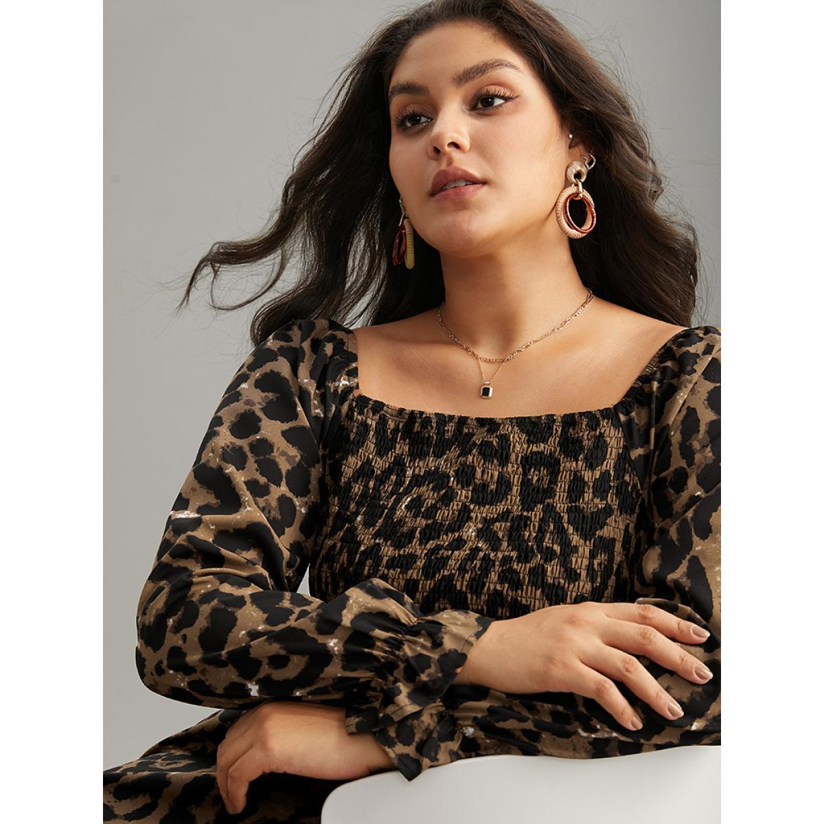 Plus Size Square Neck Leopard Shirred Ruffles Dress Leopard Women Elegant Gathered Square Neck Long Sleeve Curvy Knee Dress BloomChic 28/5X Product Image