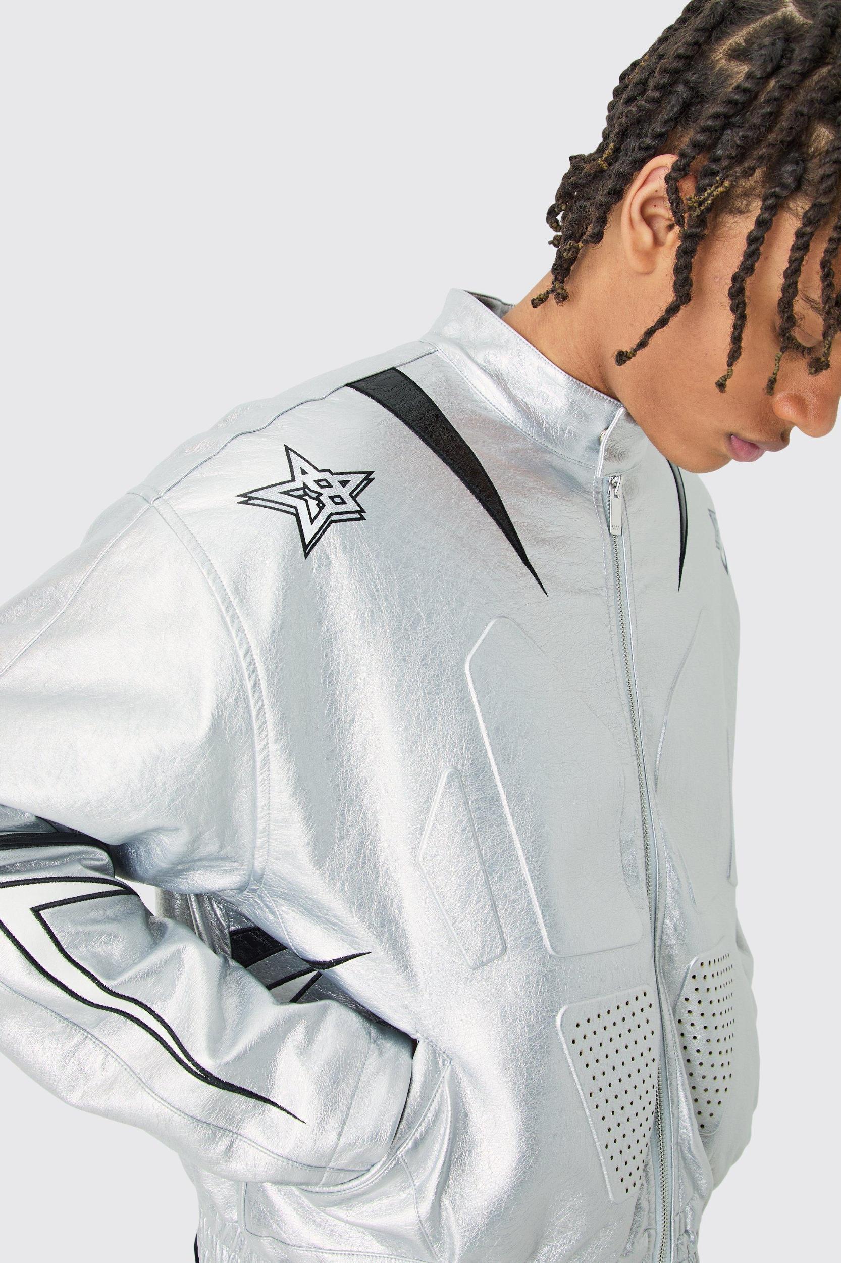 Mens Grey Boxy Fit Metallic PU Panel Moto Jacket, Grey Product Image
