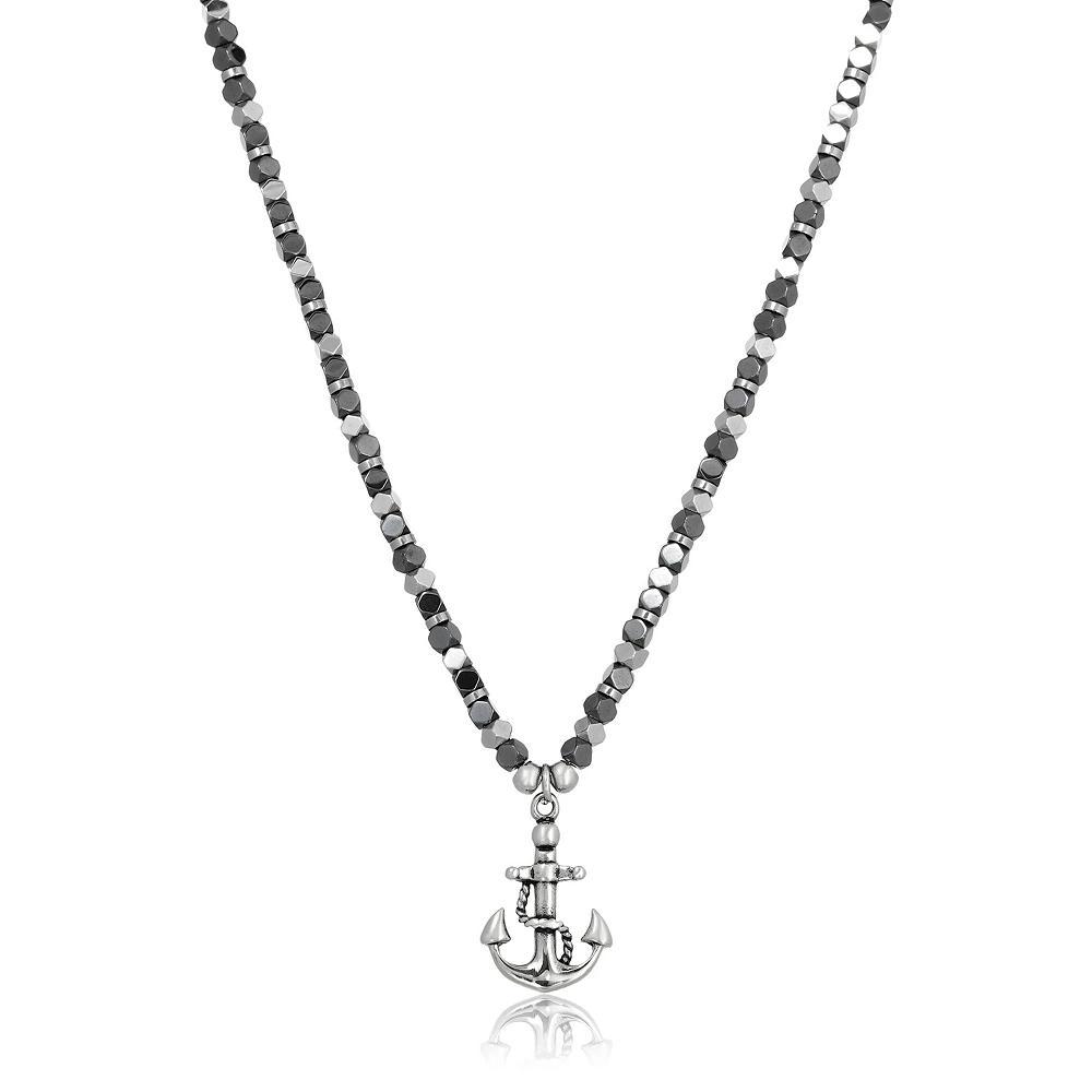 Men's LYNX Black Ion-Plated Stainless Steel & Hematite Bead Chain Anchor Pendant Necklace, Size: 24" Product Image
