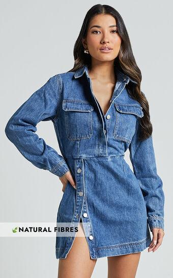 Ainsley Mini Dress - Button Through Long Sleeve Denim Dress in Mid Blue Wash Product Image