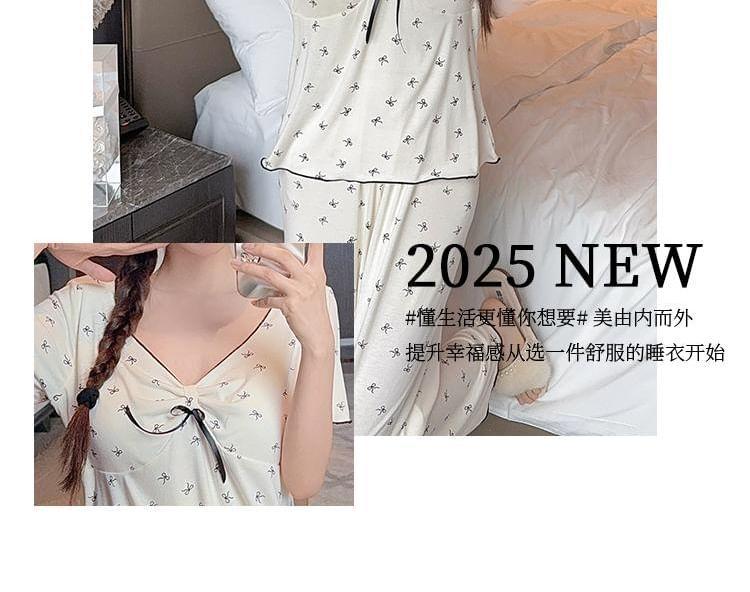 Pajama Set: Short Sleeve V-Neck Bow Print Padded Top + Straight Leg Pants Product Image