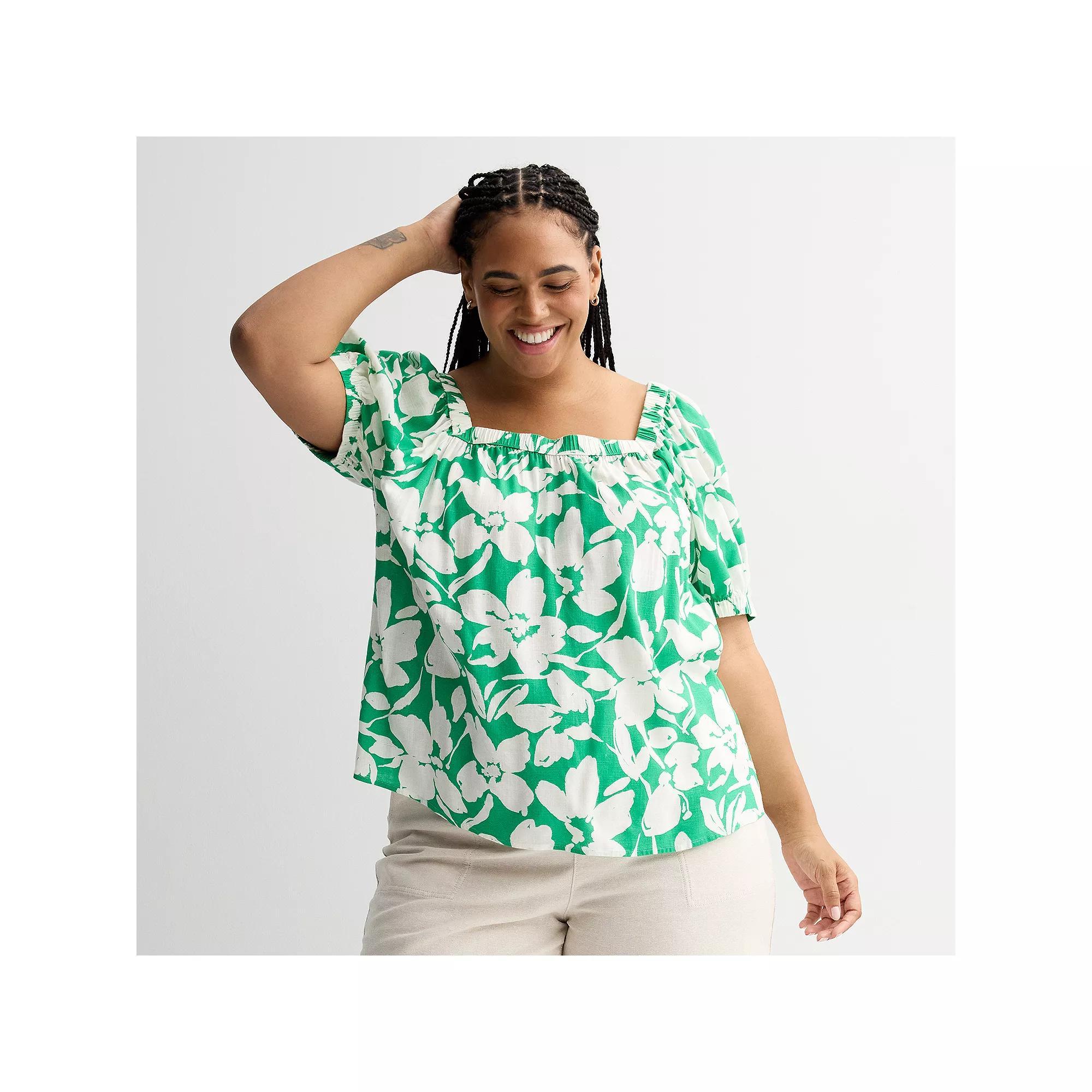Plus Size Sonoma Goods For Life® Squareneck Peasant Top, Women's, Size: 0X, Green Paint Floral Product Image
