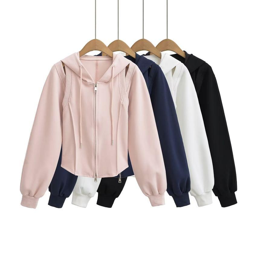 Plain Cutout Cropped Zip Up Hoodie Product Image