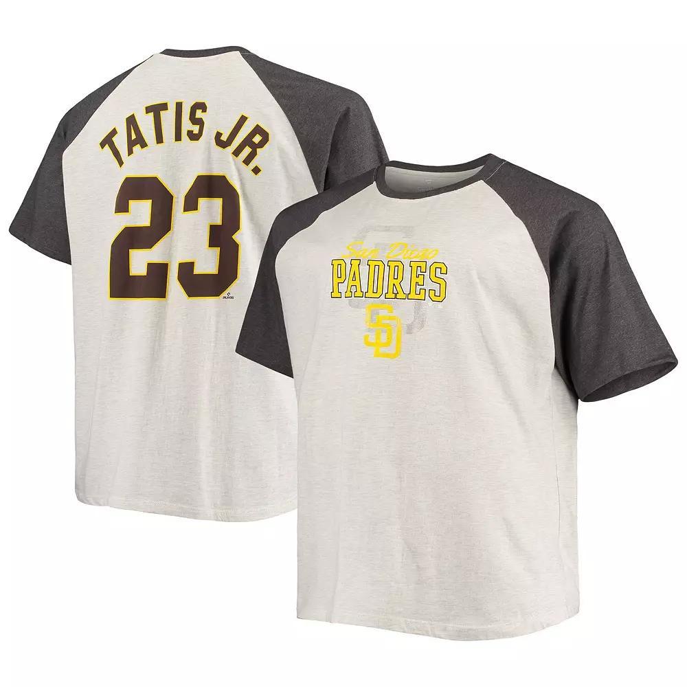 Men's Fernando Tatis Jr. Oatmeal/Heathered Charcoal San Diego Padres Big & Tall Name & Number Raglan T-Shirt, Size: XLT, Team Product Image