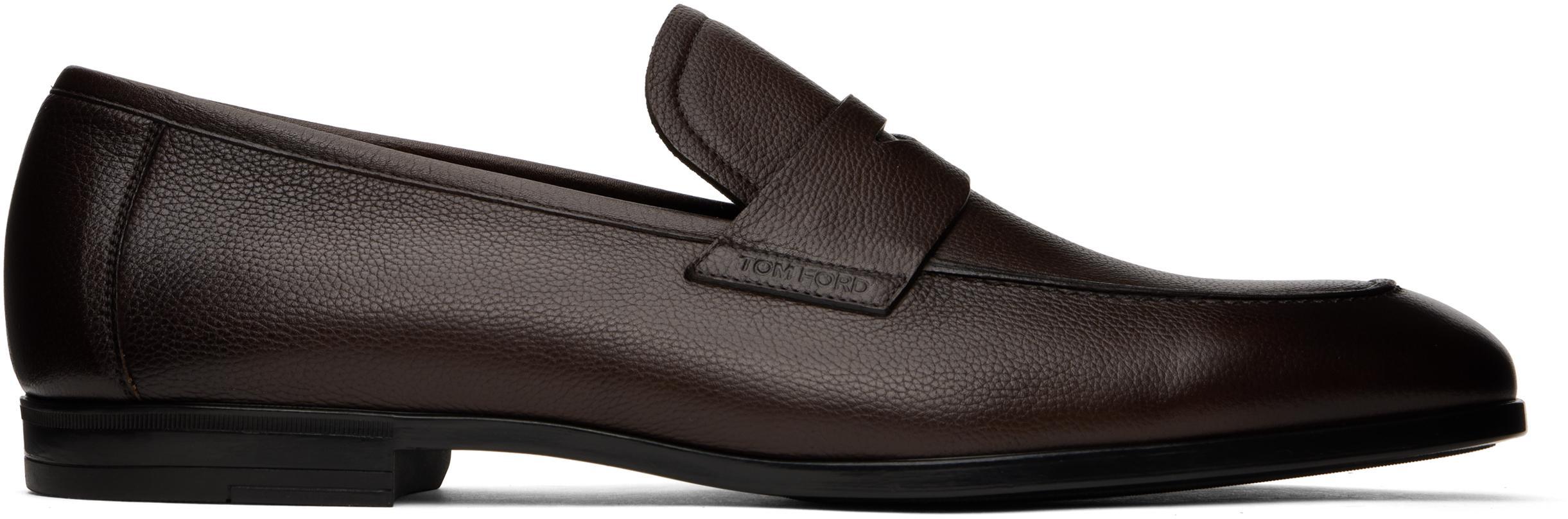 TOM FORD Brown Supple Grain Leather Sean Penny Loafers In Seal Brown Product Image