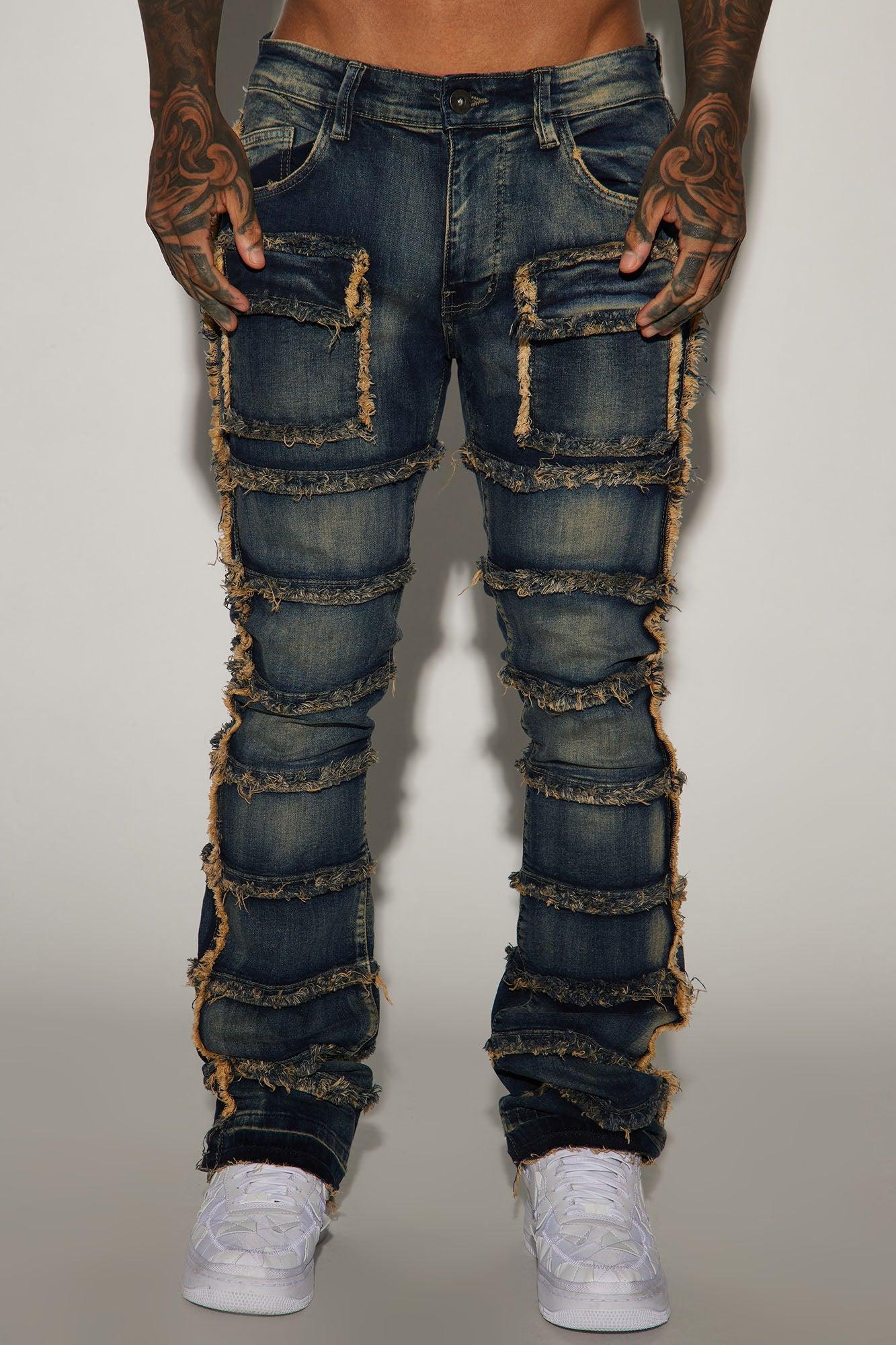 Square Pockets Fray Stacked Skinny Flare Jeans - Dark Wash Product Image