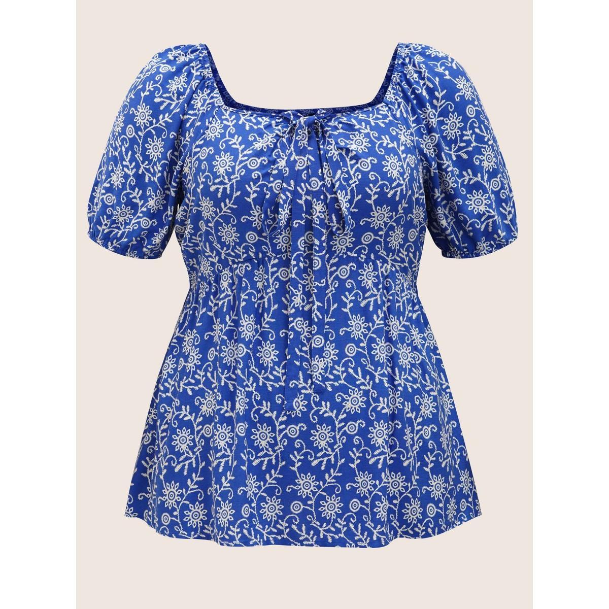 Plus Size Brightblue Bandana Print Notched Collar Lantern Sleeve Blouse Women Resort Short sleeve Notched collar Vacation Blouses BloomChic 14-16/1X Product Image