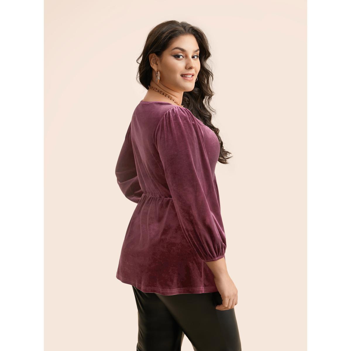 Plus Size DarkBrown Velvet Heart Neckline Gathered Blouse Women Elegant Three Quater Length Sleeve Heart neckline Everyday Blouses BloomChic 10/M Product Image