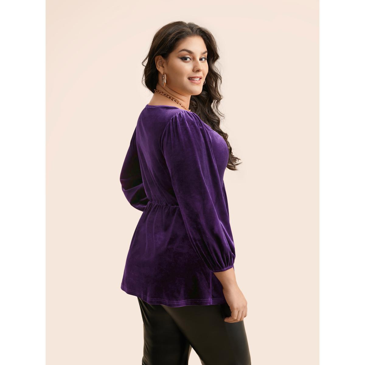 Plus Size Eggplant Velvet Heart Neckline Gathered Blouse Women Elegant Three Quater Length Sleeve Heart neckline Everyday Blouses BloomChic 12/L Product Image