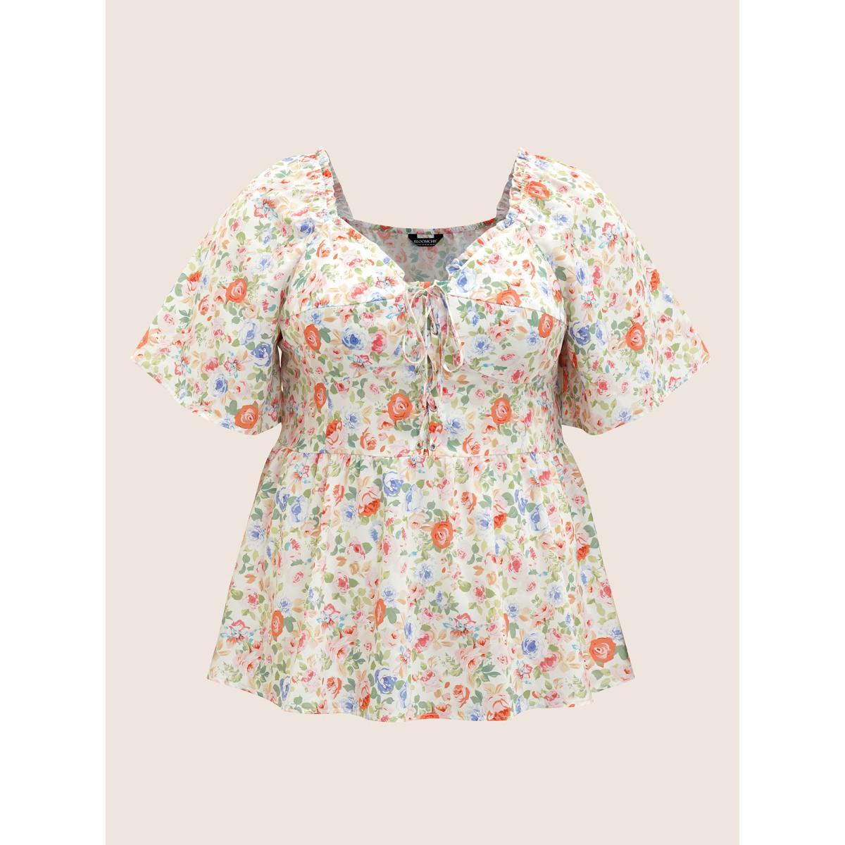 Plus Size Multicolor Heart Neckline Floral Frill Trim Blouse Women Elegant Short sleeve Heart neckline Everyday Blouses BloomChic 14-16/1X Product Image
