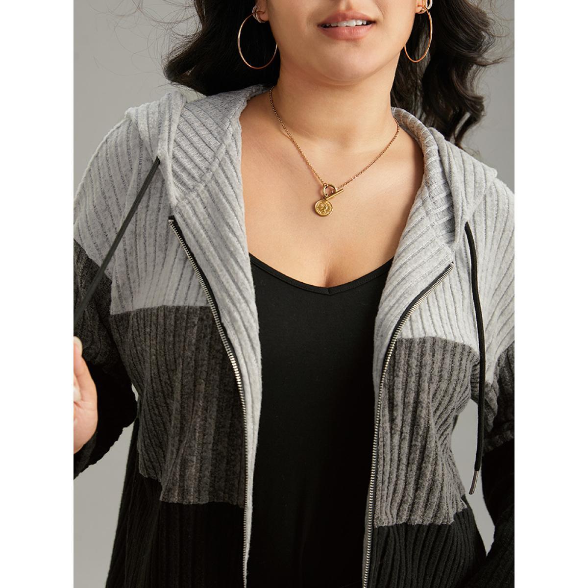Plus Size Colorblock Contrast O Ring Zipper Jacket Women Gray Contrast Dailywear Jackets BloomChic 10/M Product Image