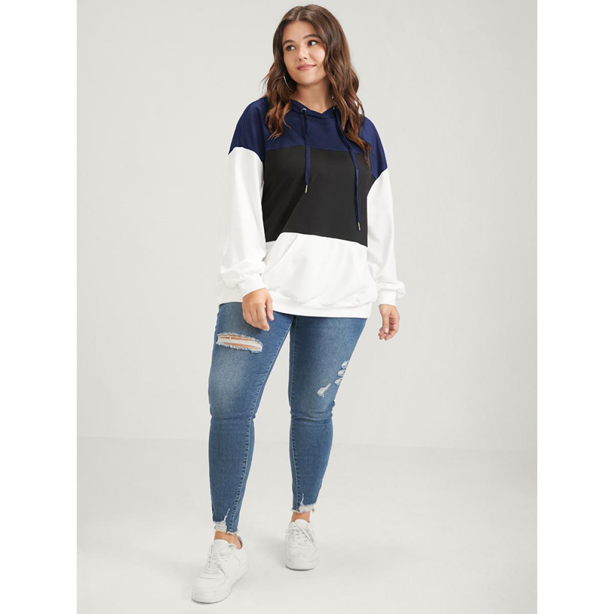 Plus Size Colorblock Contrast Drawstring Pocket Hooded Drop Shoulder Sweatshirt Women DarkBlue Casual Contrast Hooded Dailywear Sweatshirts BloomChic 18-20/2X Product Image