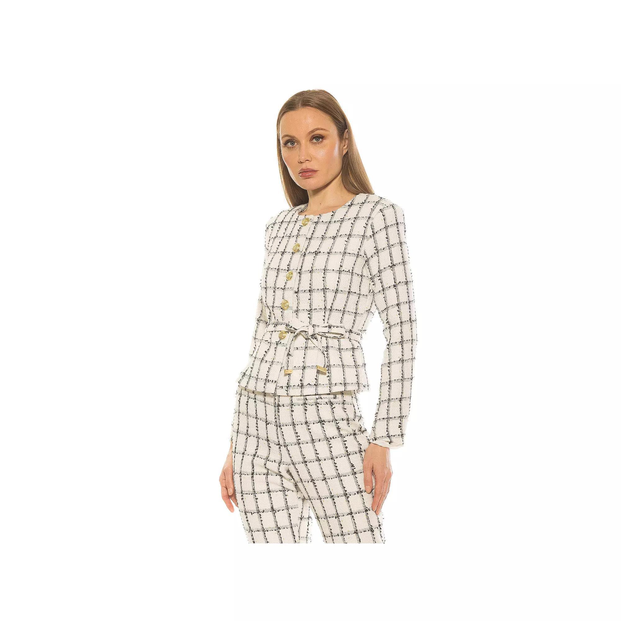 Women's ALEXIA ADMOR Arjun Long Sleeve Jacket with Waist Tie, Size: 12, Ivory Plaid Product Image