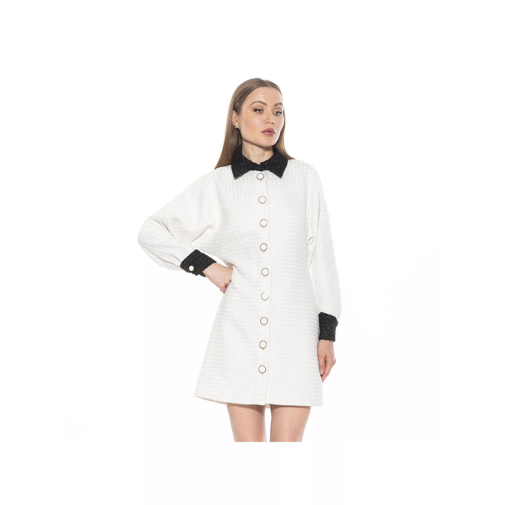 Women's ALEXIA ADMOR Velvette Tweed Contrast Collar Dolman Button Down Dress, Size: 8, Ivory Product Image