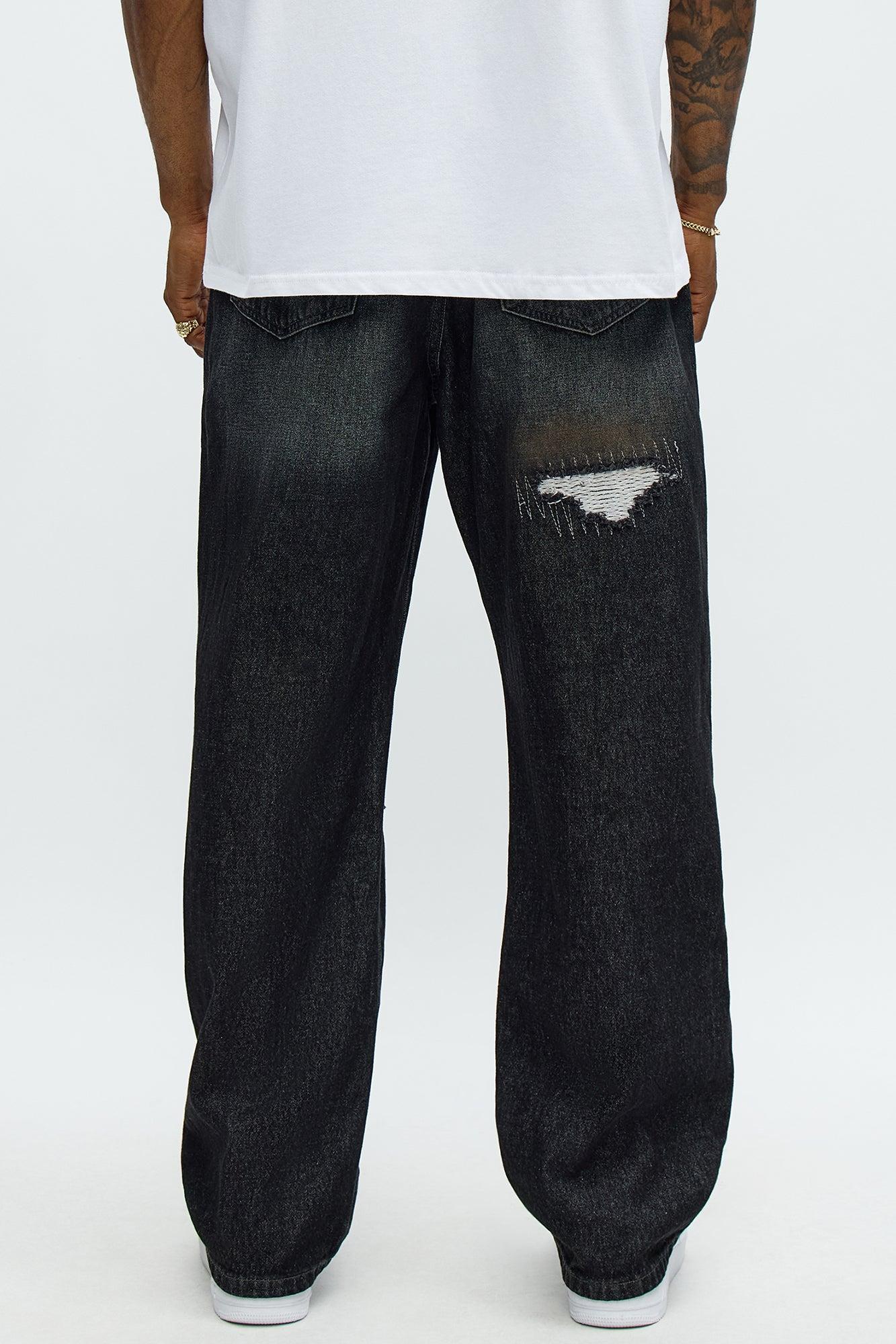 Baggy Vandal Stitch Distressed Jeans - Black Wash Male Product Image