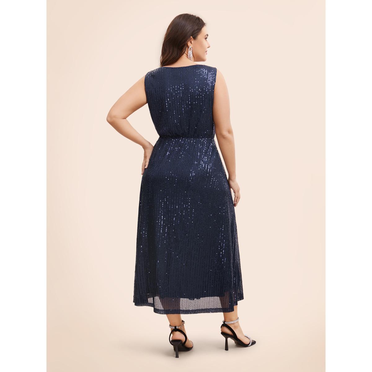 Plus Size Round Neck Sequin Mesh Tank Dress Midnight Women Cocktail Texture Round Neck Sleeveless Curvy BloomChic 26/4X Product Image