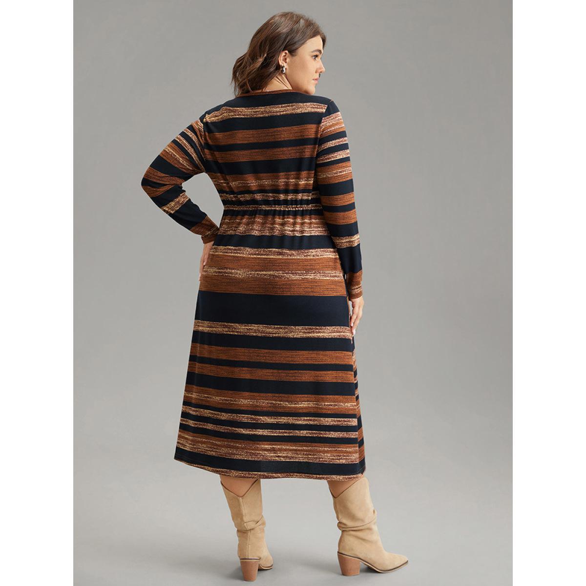 Plus Size Striped Contrast Elastic Waist Crew Neck Knit Dress DarkBrown Women Casual Printed Round Neck Long Sleeve Curvy Midi Dress BloomChic 18-20/2X Product Image