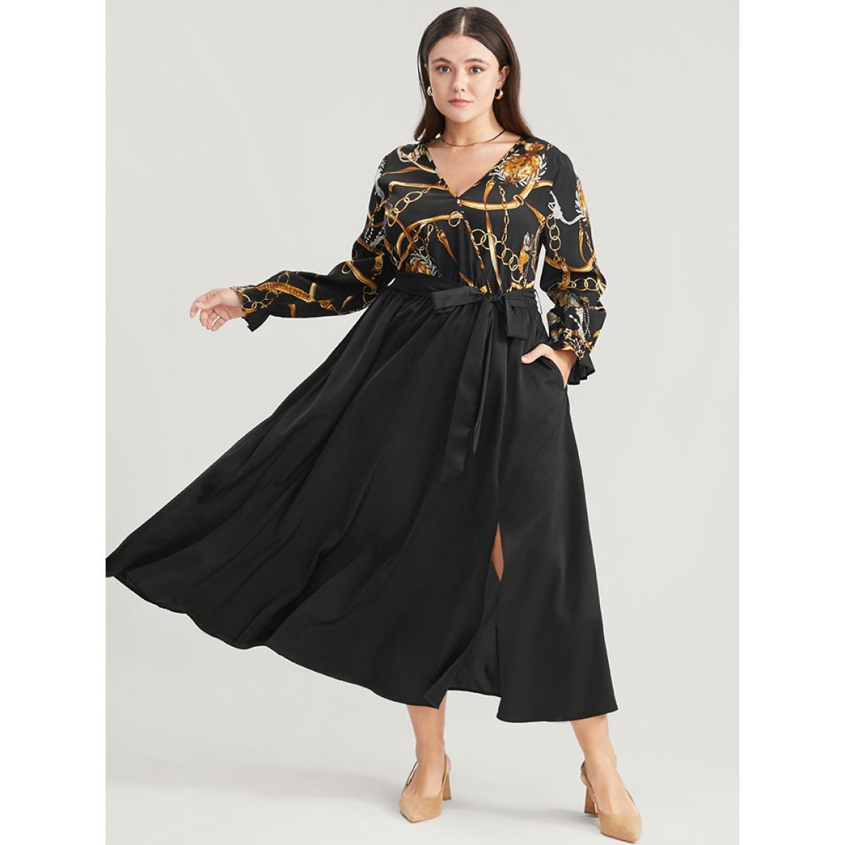 Plus Size Chain Print V Neck Pocket Lantern Sleeve Belted Split Dress Black Women Elegant Pocket V-neck Long Sleeve Curvy Midi Dress BloomChic 26/4X Product Image