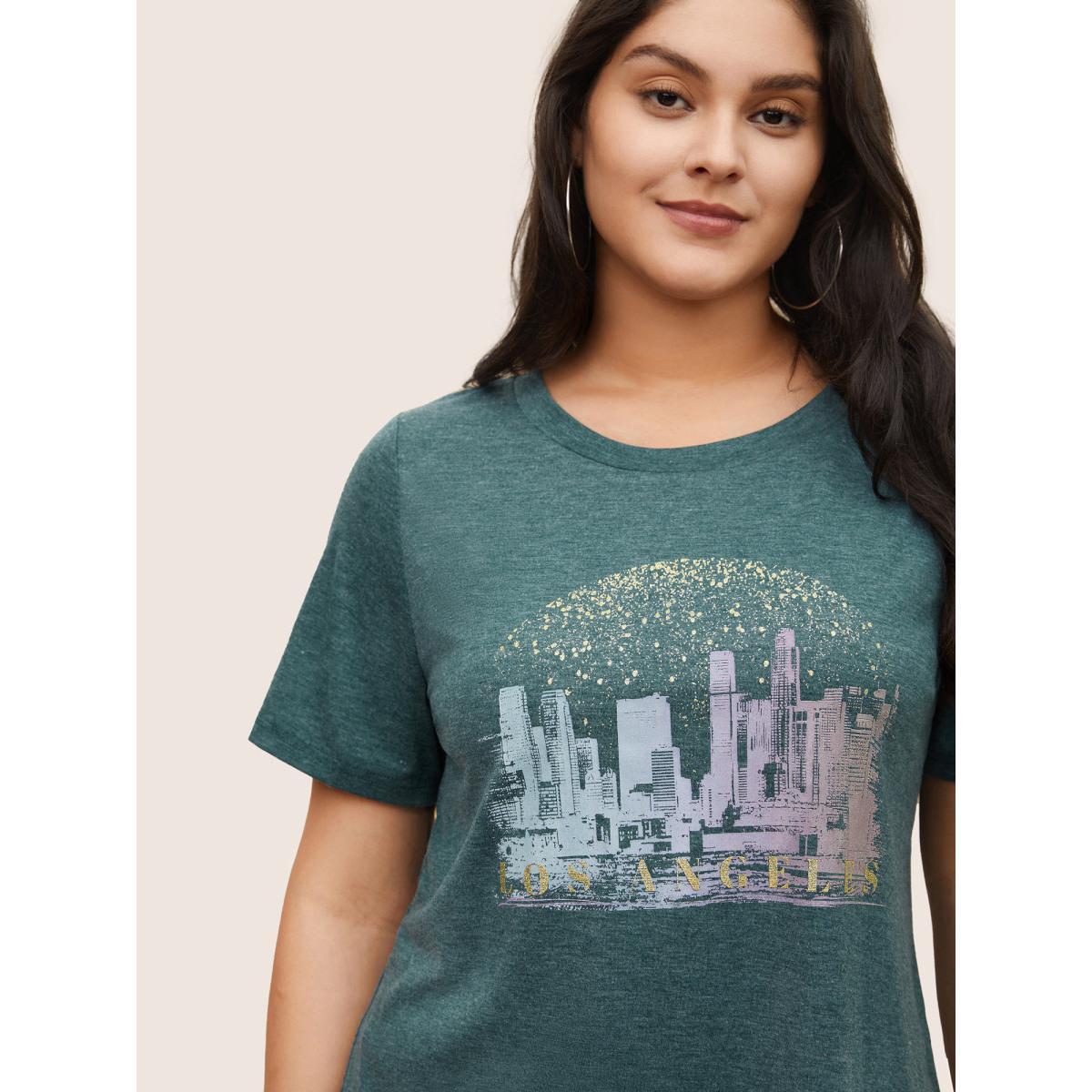 Plus Size Solid Heather City Print Crew Neck T-shirt Cyan Women Casual Non Area Everyday T-shirts BloomChic 22-24/3X Product Image