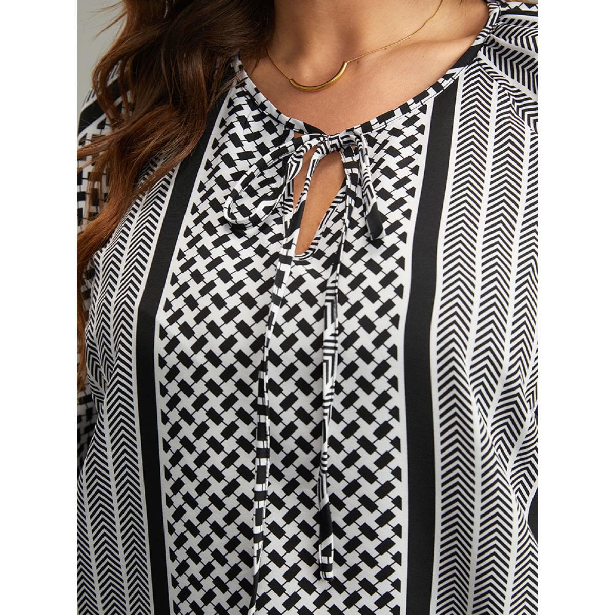 Plus Size Black Geo Striped Tie Lantern Sleeve Blouse Women Resort Long Sleeve Tie Neck Vacation Blouses BloomChic 12/L Product Image