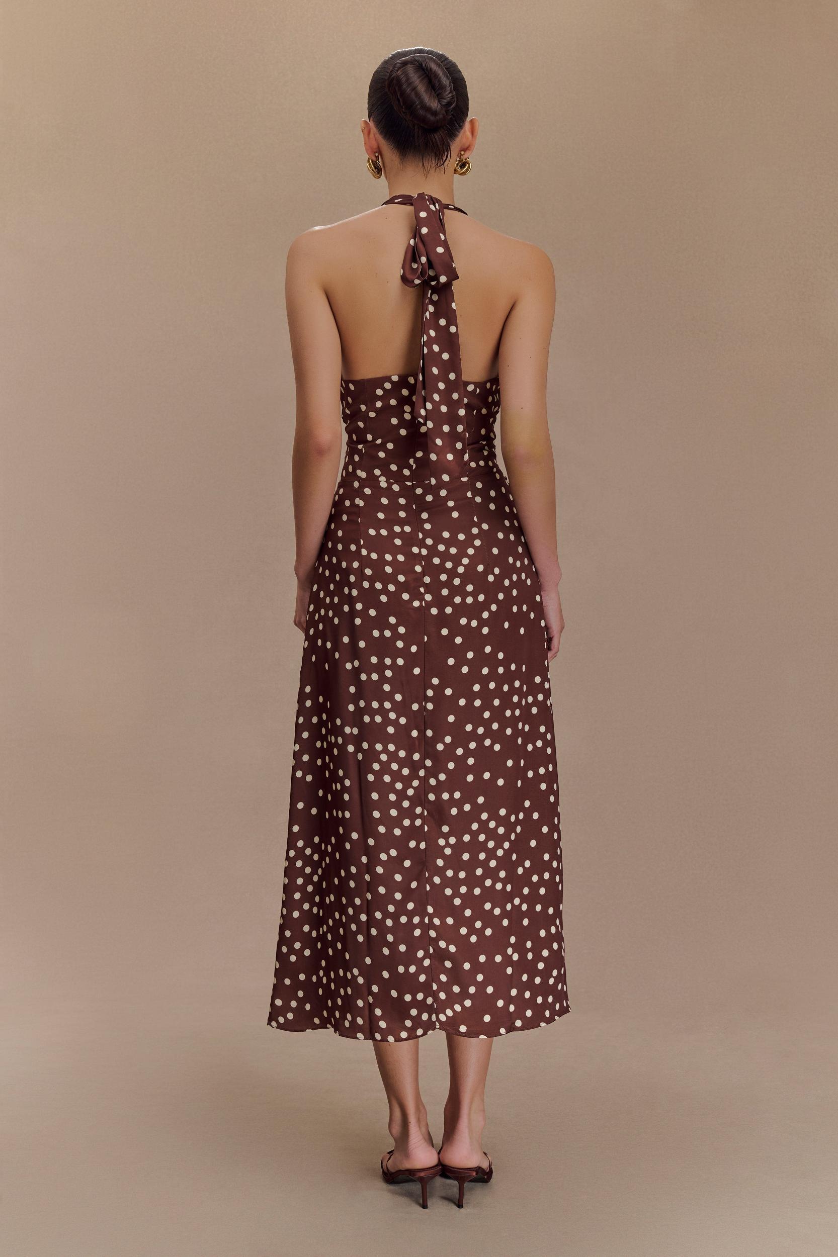 Marguerite Satin Halter Midi Dress - Brown Polka Dot Print Product Image