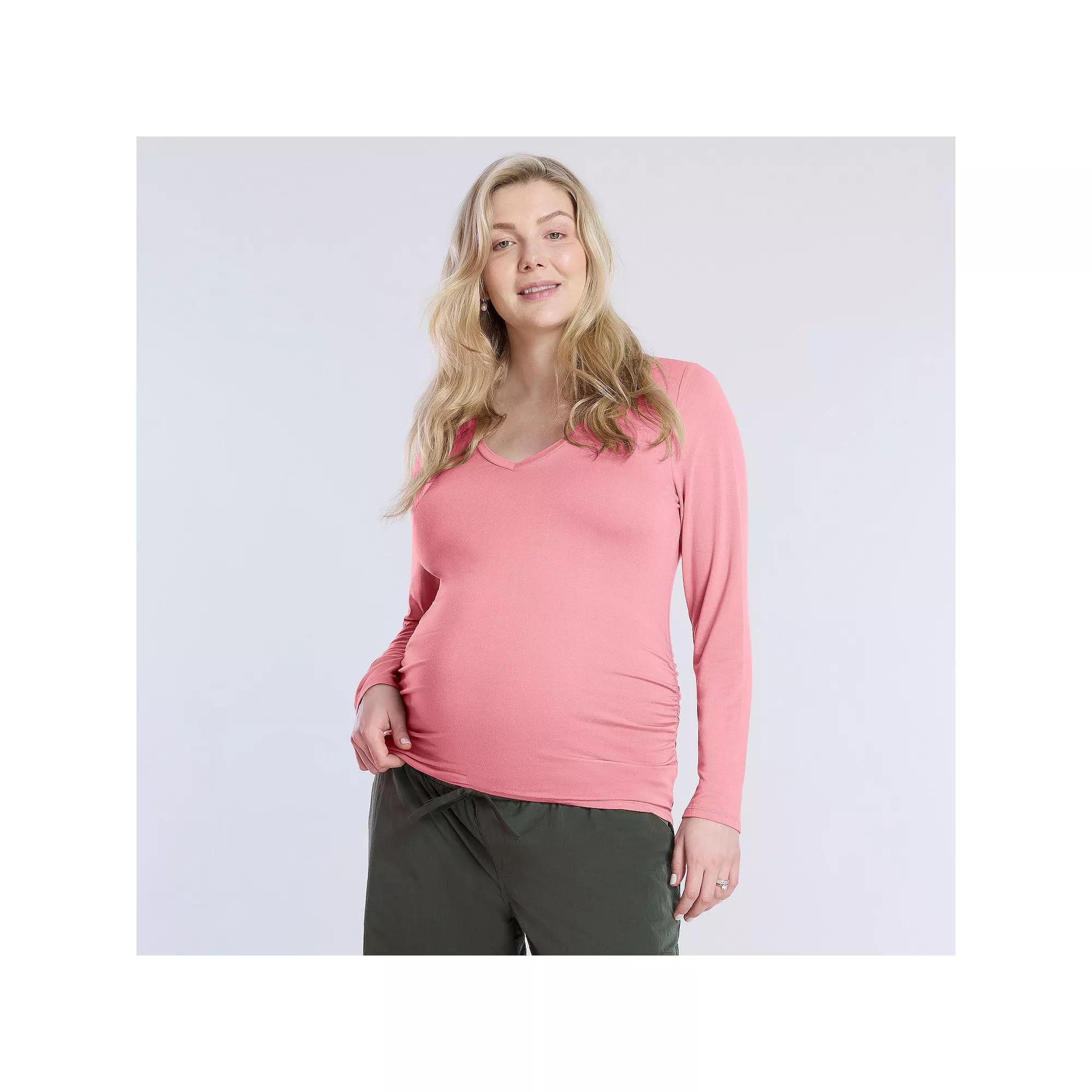 Maternity Motherhood® V-Neck Side Ruched Long Sleeve Tee, Women's, Size: Medium-Mat, White Product Image