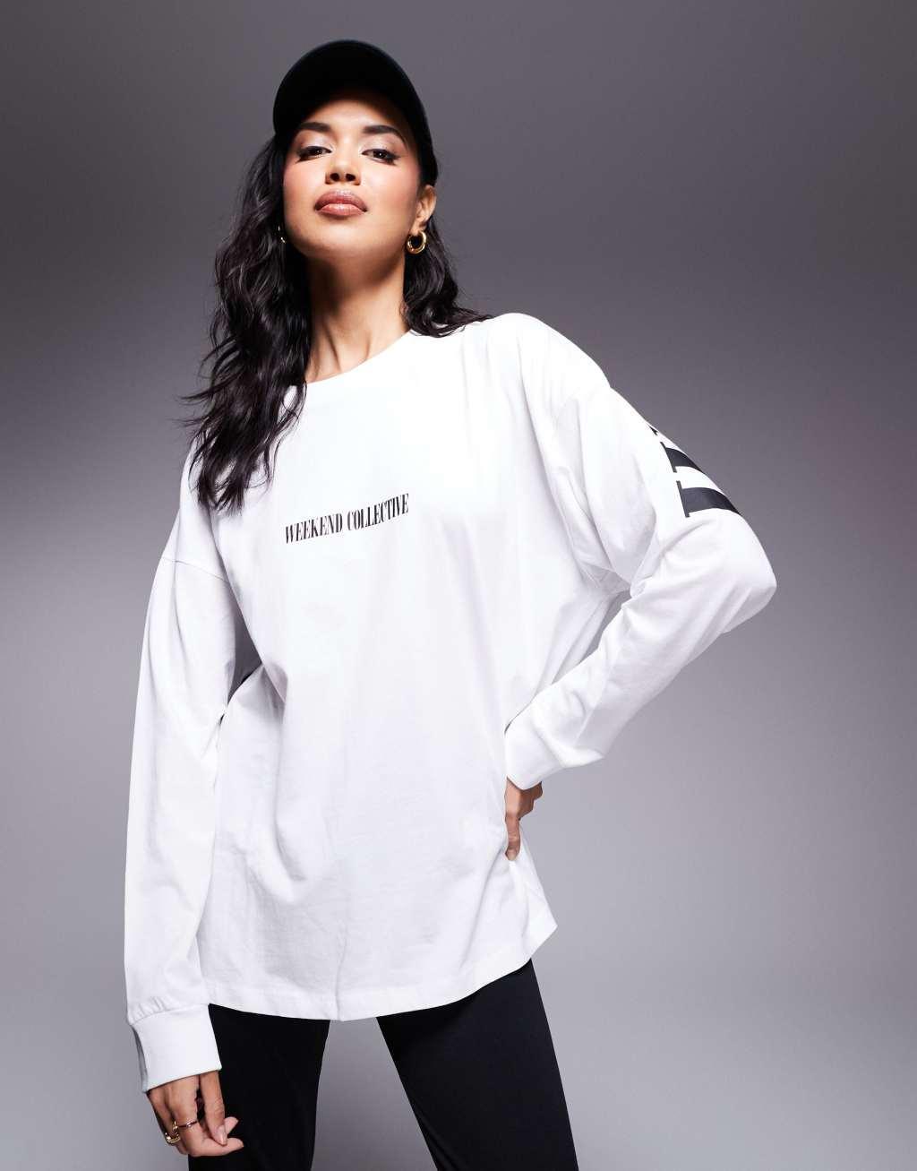 Weekend Collective Icon oversized long sleeve T-shirt with stacked back logo in white Product Image